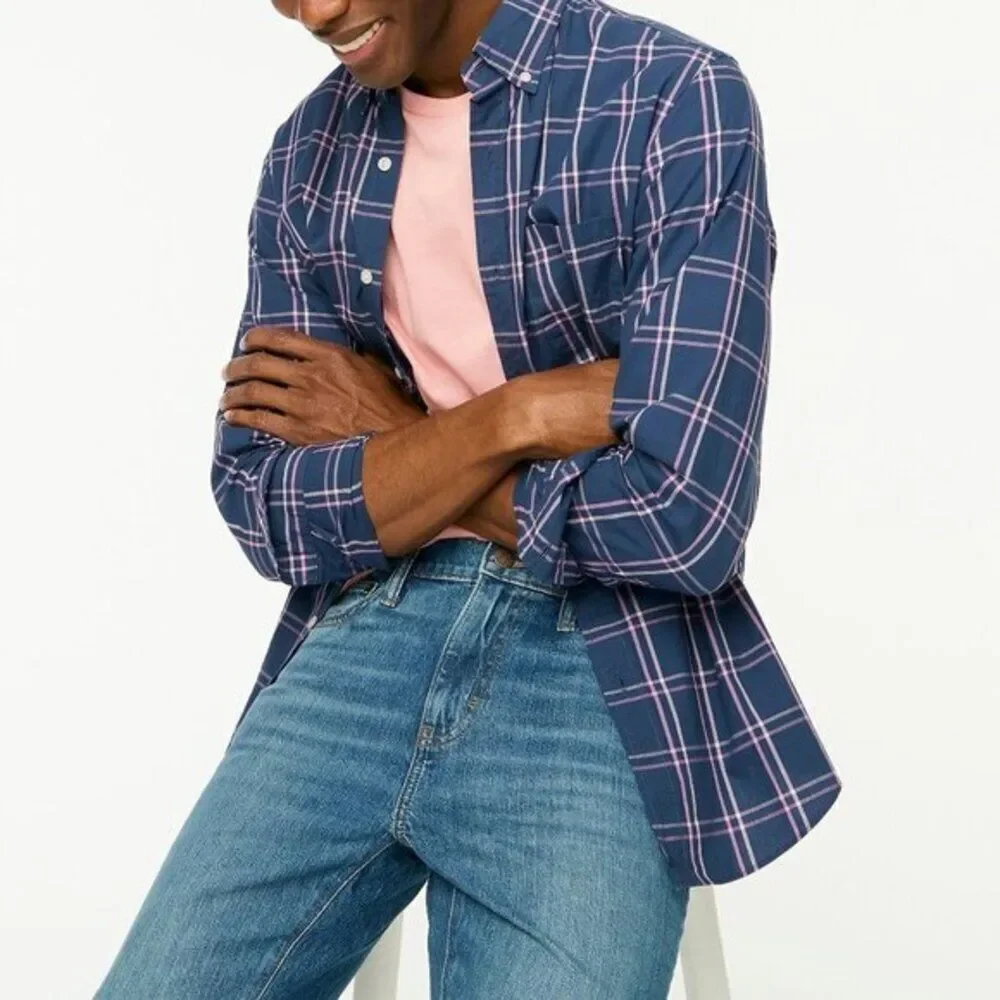 J Crew Men's Plaid Button Front Shirt  Tattersall Flex Cotton Blue‎ Large $89